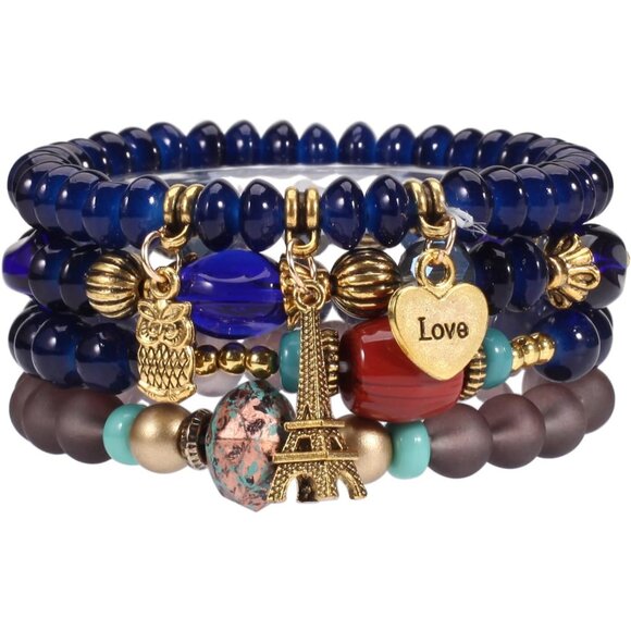 Bohemian Multilayer Glass Beaded Rubber Rope Chain Charm Stackable Bracelets - Picture 5 of 9